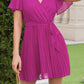 Summer Flowy Mini Dress - V Neck Short Sleeve Pleated Belted