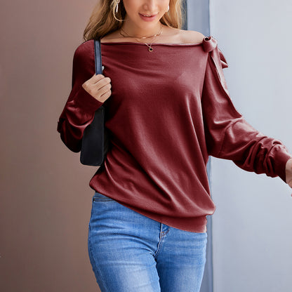 Tie Knot One Shoulder Blouse Batwing Sleeve Elegant Loose Fit Tops