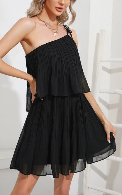 Summer Mini Sundress - One Shoulder Spaghetti Strap Tiered