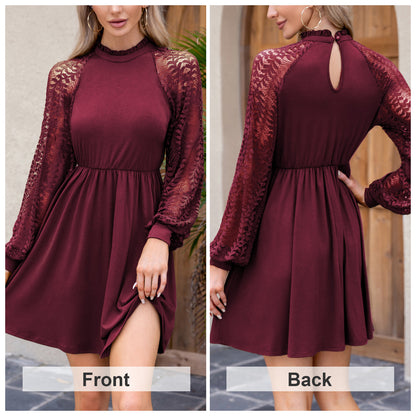 EXLURA Women’s Lace Tshirt Mini Dress Ruffle High Neck Long Puff Sleeve Swing Dress Flowy Wedding Guest Dresses