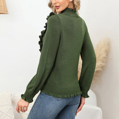 EXLURA Women's Ruffle Chunky Pullover Sweater Mock Turtleneck Long Puff Sleeve Jumpers Casual Trendy Tops