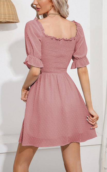 Summer Mini Dress - Sweetheart Neckline Swiss Dot Smocked Short Sleeve
