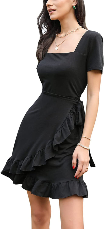 Byinns Womens Square Neck Ruffle Hem Dress Short Sleeve A Line Swing Shirred Wrap Asymmetrical Tie Back Casual Mini Dresses