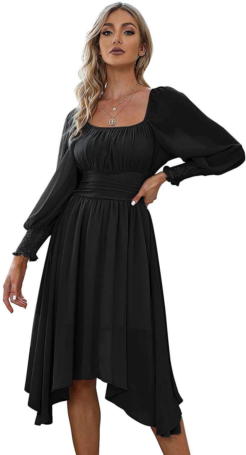 EXLURA Women's Tie Back Asymmetrical Hem Off Shoulder A-line Dresses Long Lantern Sleeve Ruffle Midi Dress