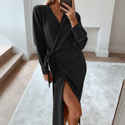 EXLURA Womens Knit Sweater Dress Casual Solid Long Sleeve Wrap Maxi Dresses with Belt