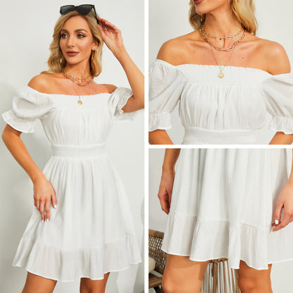 Exlura Women’s High Waist Square Neck Mini Dress Off Shoulder Smocked Puff Short Sleeve Summer Short Ruffle Dress