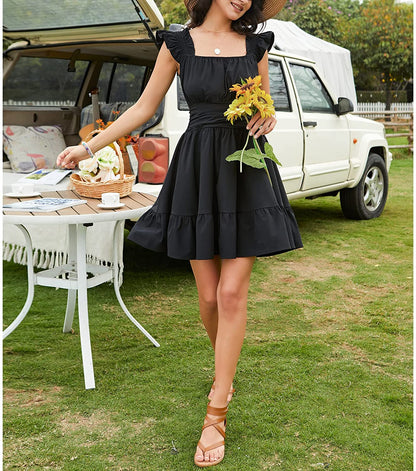 EXLURA Women's Square Neck Tie Back Ruffle Strappy Ruched Short Mini Dress Smocked Backless Tank Sleeveless Sundress Dress