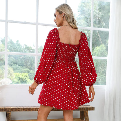 EXLURA Women's Polka Dot Off Shoulder Ruffled Chiffon Mini Dress Long Lantern Sleeve A-line Dresses Deep V-Neck Casual Dress