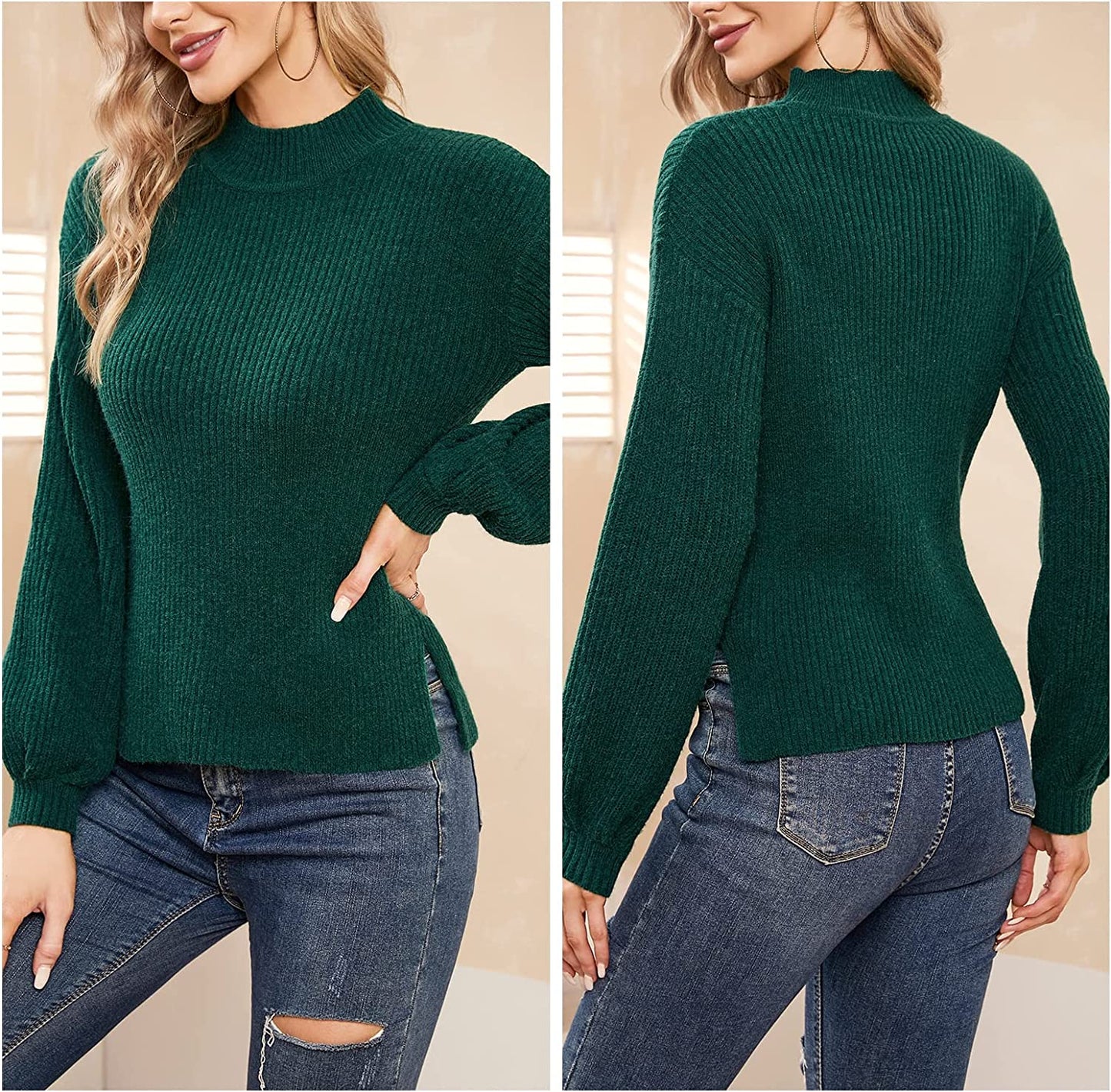 Byinns Women's Side Slit Chunky Pullover Sweater Turtleneck Long Puff Sleeve Knit Jumpers Casual Trendy Tops