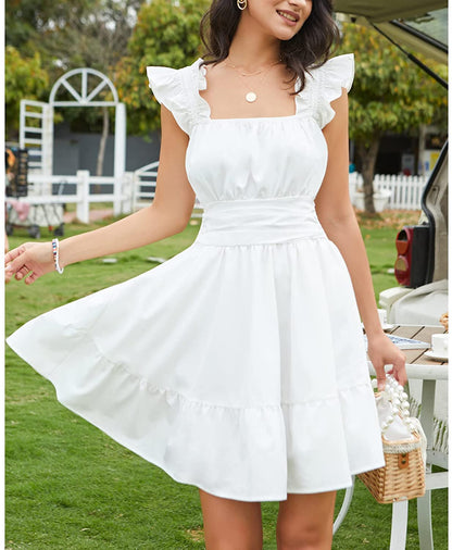 EXLURA Women's Square Neck Tie Back Ruffle Strappy Ruched Short Mini Dress Smocked Backless Tank Sleeveless Sundress Dress