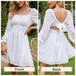 Exlura Women’s Swiss Dot Flowy Mini Dress Square Neck Long Lantern Sleeve Ruffle Dress Casual Cottagecore Boho Dress