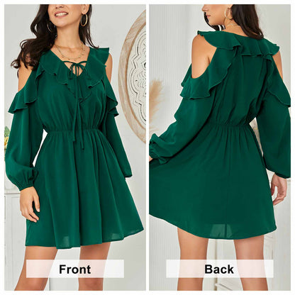 Exlura Women’s Ruffle Swing Mini Dress Cold Shoulder V Neck Long Sleeve Dress Cute Bridal Shower Wedding Guest Dress