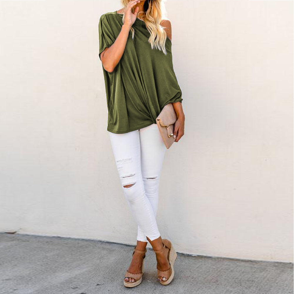 Off Shoulder Batwing Sleeve Ribbed Shirt Loose Tops