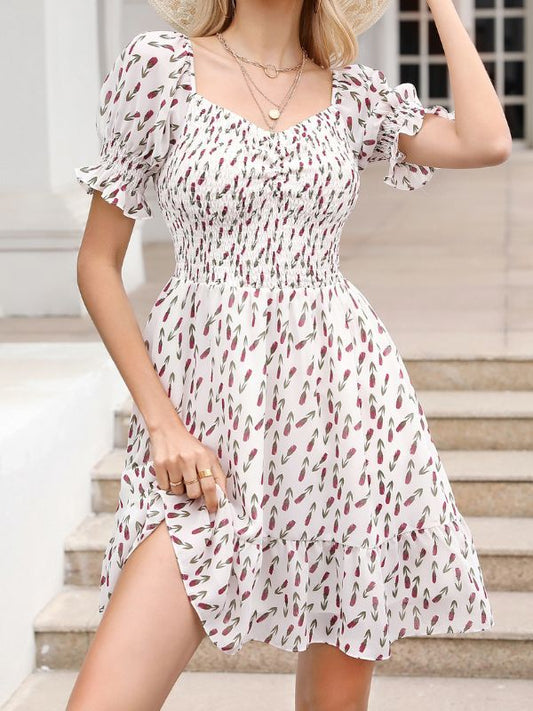 Sweetheart Neckline Smocked Short Summer Floral Mini Dress