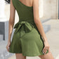 One Shoulder Mini Jumpsuits - Sleeveless Belted High Waist
