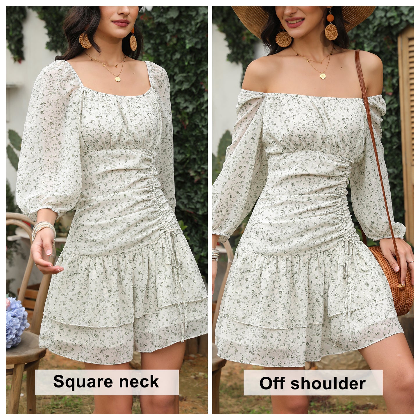 Exlura Women’s Off Shoulder Ruched Floral Ruffle Dress Square Neck Backless Smocked 3/4 Puff Sleeve Mini Dress