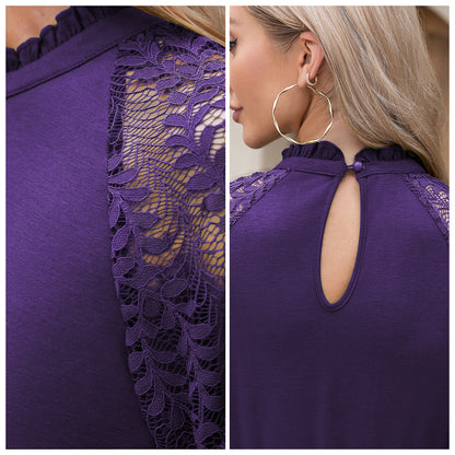 EXLURA Women’s Lace Tshirt Mini Dress Ruffle High Neck Long Puff Sleeve Swing Dress Flowy Wedding Guest Dresses