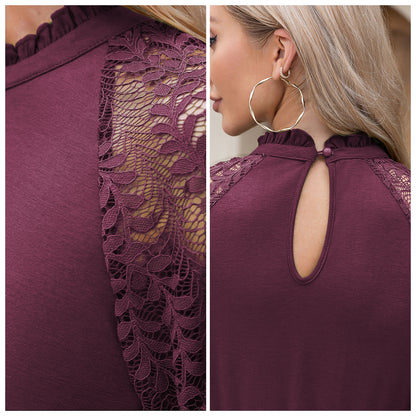 EXLURA Women’s Lace Tshirt Mini Dress Ruffle High Neck Long Puff Sleeve Swing Dress Flowy Wedding Guest Dresses