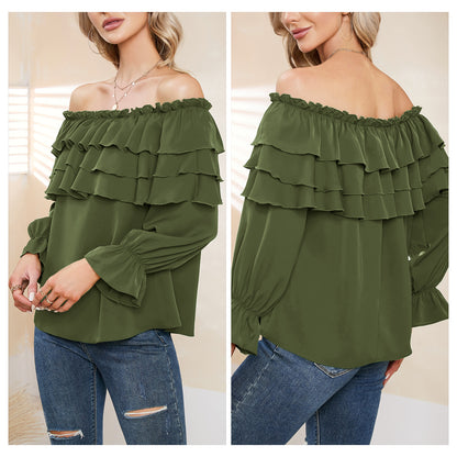 Byinns Women’s Off The Shoulder Layered Ruffle Tops Long Puff Sleeve Flowy Blouses Shirts Party Dressy Tops
