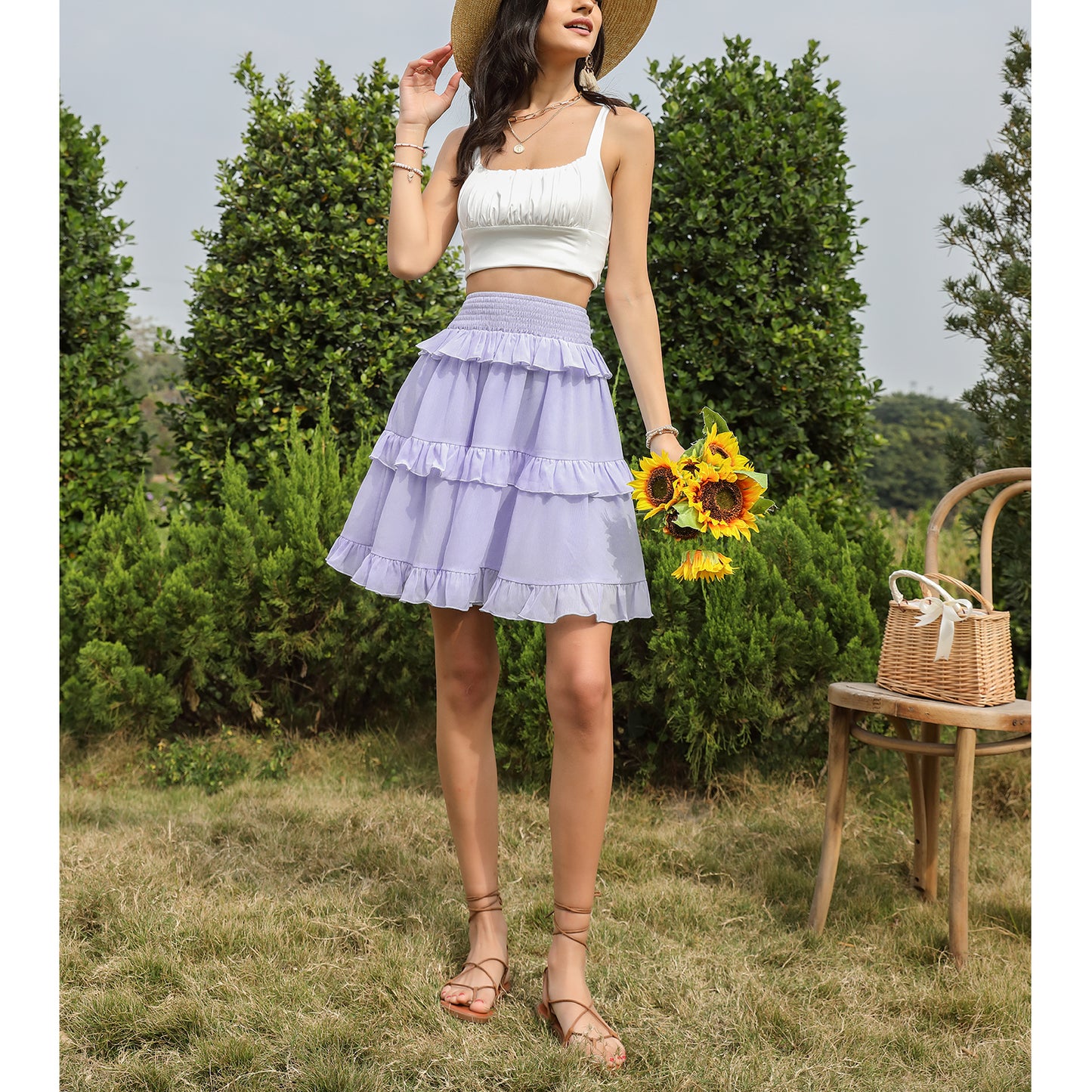 Exlura Women’s High Waist Tiered Ruffle Short Skirt Smocked Layered Elastic Waist A-Line Mini Skirt