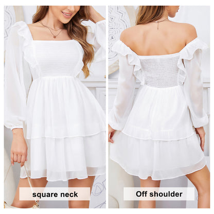 EXLURA Women’s Smocked Ruffle Mini Dress Square Neck Long Puff Sleeve Dress Casual Vintage Cocktail Wedding Dress