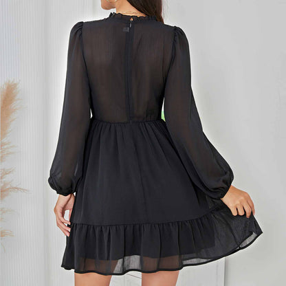 Exlura Women’s Vintage Mini Dress Round Neck Long Lantern Sleeve Ruffle Dress Cute Babydoll Casual Dresses