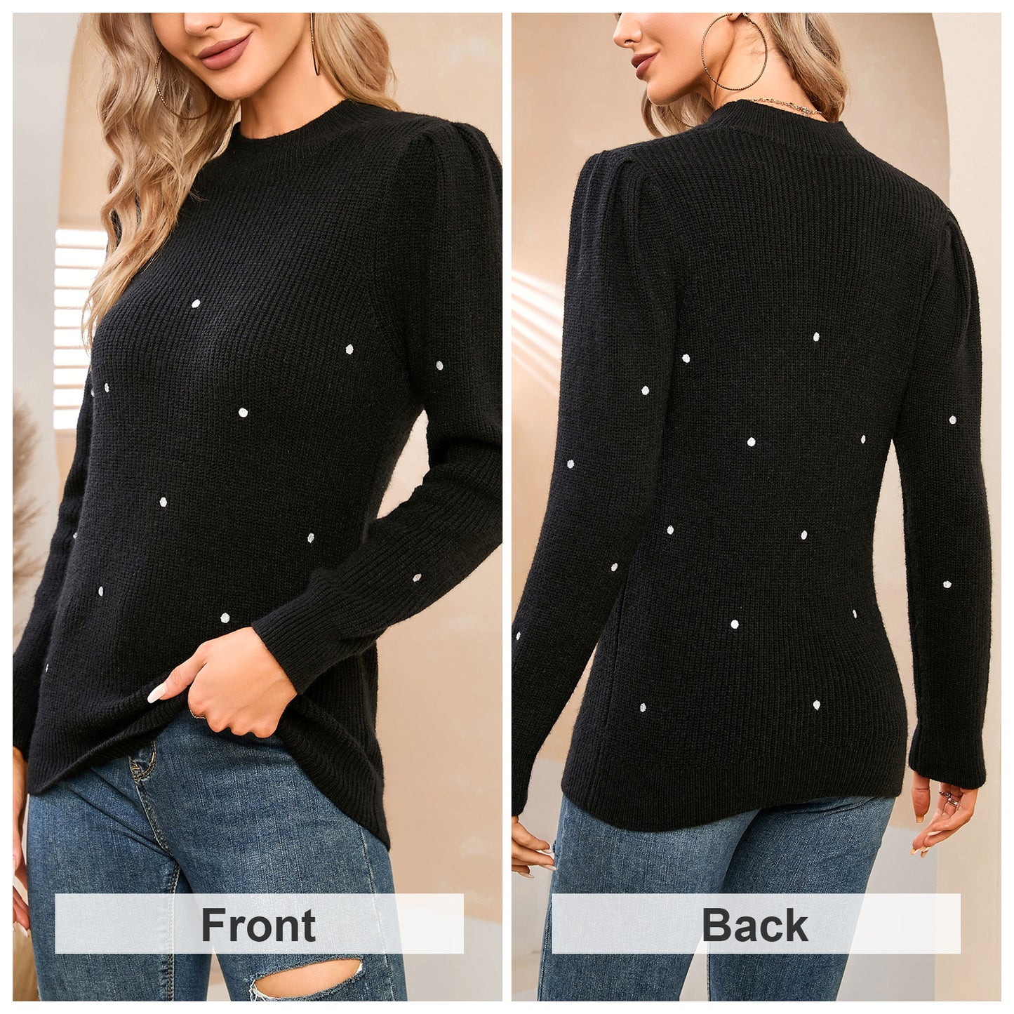 EXLURA Women’s Embroidered Polka Dot Pullover Sweater Mock Neck Long Sleeve Tops Casual Trendy Dressy Tops Jumpers