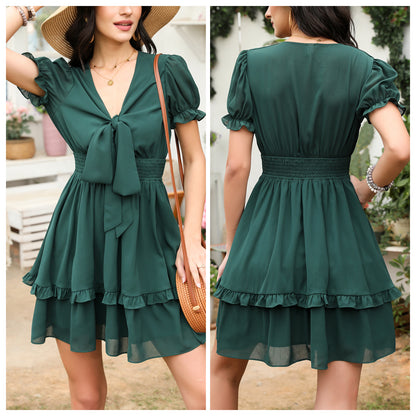 Exlura Women’s V Neck Summer Ruffle Dress Sundress Tiered Smocked Tie Front Short Puff Sleeve Swing Mini Dress