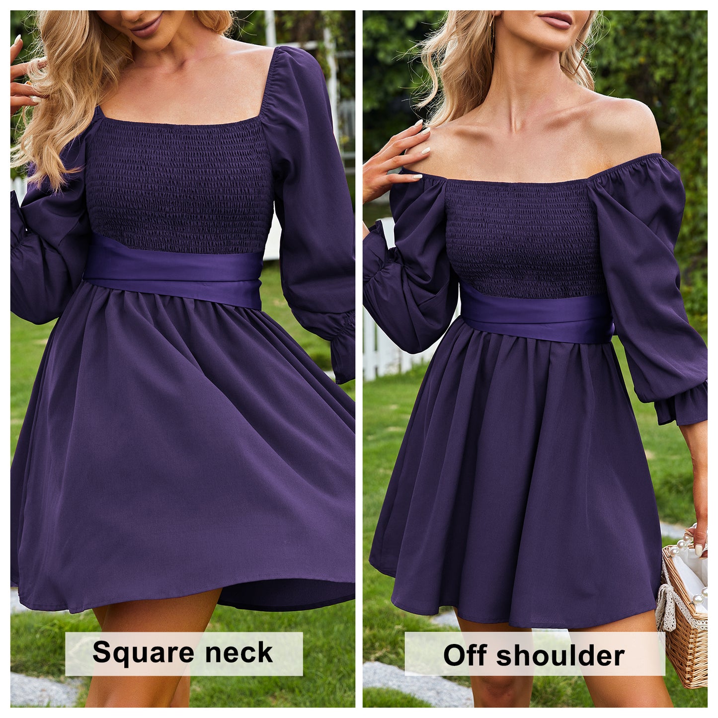 Exlura Women’s Swing Satin Tie Mini Dress Square Neck Long Lantern Sleeve Backless Short Dress Wedding Guest Party Dresses