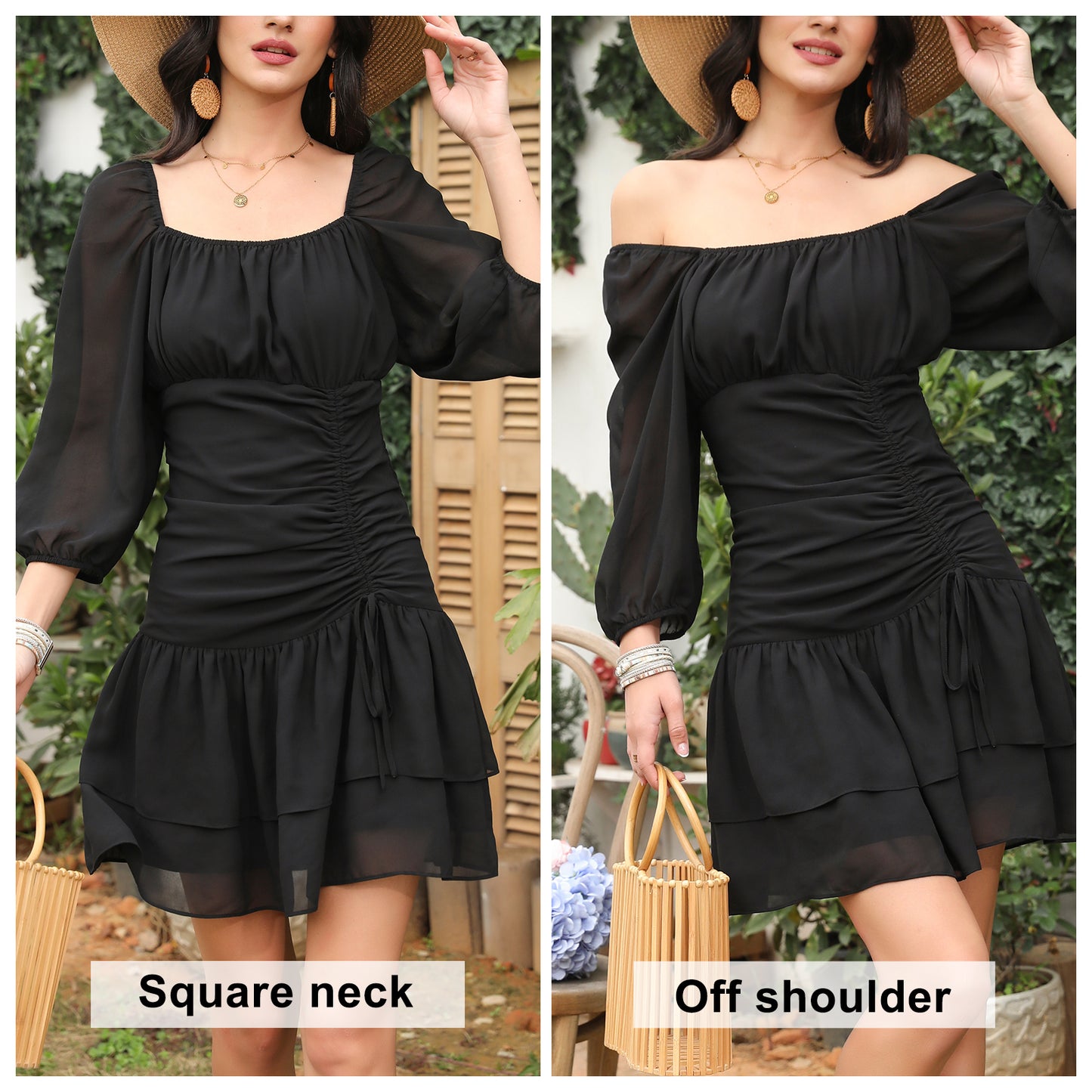 Exlura Women’s Off Shoulder Ruched Floral Ruffle Dress Square Neck Backless Smocked 3/4 Puff Sleeve Mini Dress