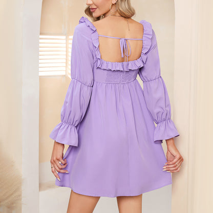 Exlura Women’s Bridal Shower Wedding Guest  Dress Square Neck Long Sleeve Ruffle Dress Backless Tie Back Swing Dress Mini Short Dresses