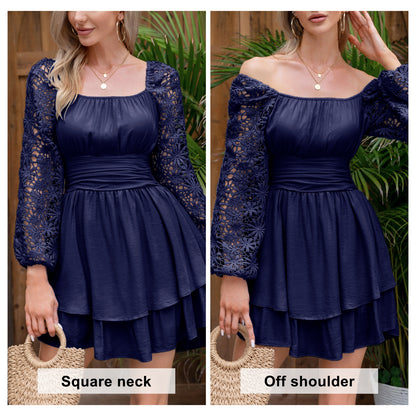 KRDR302EXLURA Women’s Lace Long Puff Sleeve Mini Dress Square Neck Backless Short Swing Party Dress Tie Back Bridesmaid Wedding Guest Dresses