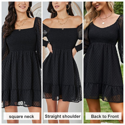 Exlura Women’s Vintage Mini Dress Round Neck Long Sleeve Swiss Dot Empire Waist Skater Dress Babydoll Casual Dress