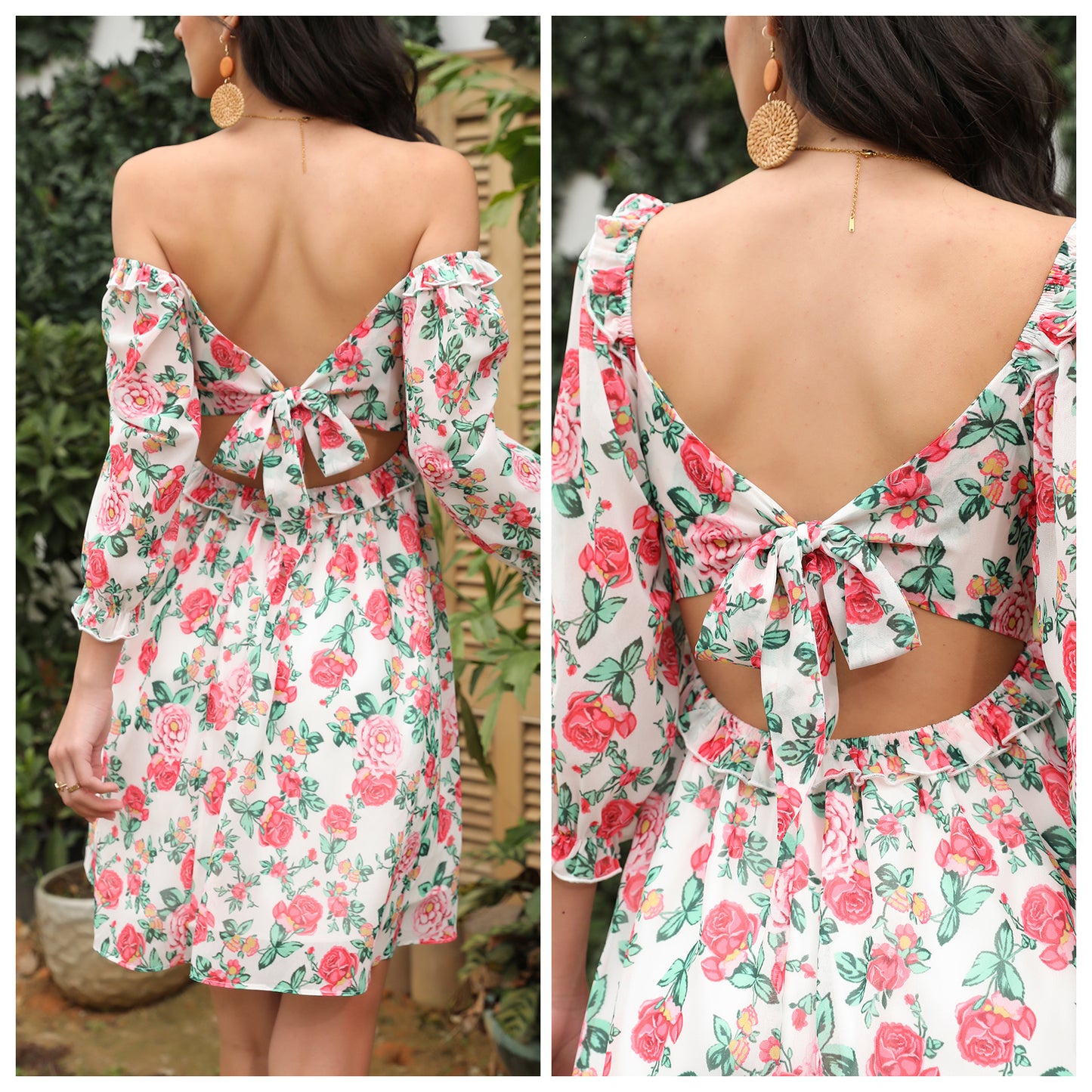 Exlura Women’s Off Shoulder Floral Ruffle Dress Sundress Tie Back Puff Sleeve Backless Square Neck Mini Summer Dress