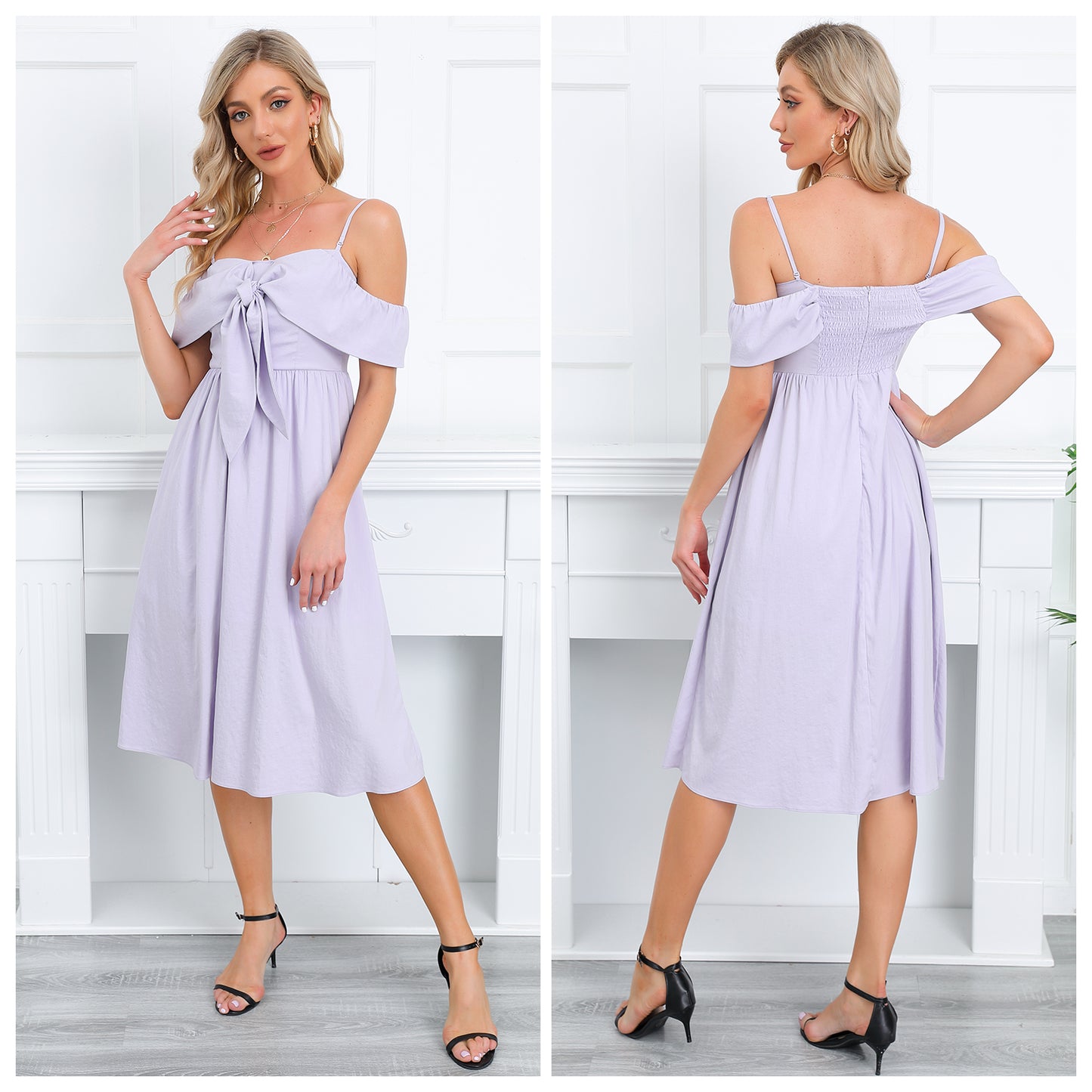 Exlura Women’s Off Shoulder Ruffle Long Dress Tie Knot Sleeveless Strappy Smocked A-Line Backless Midi Dress