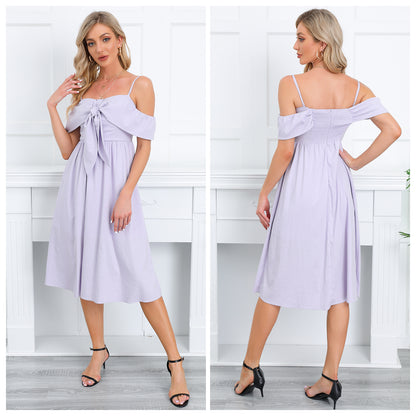 Exlura Women’s Off Shoulder Ruffle Long Dress Tie Knot Sleeveless Strappy Smocked A-Line Backless Midi Dress