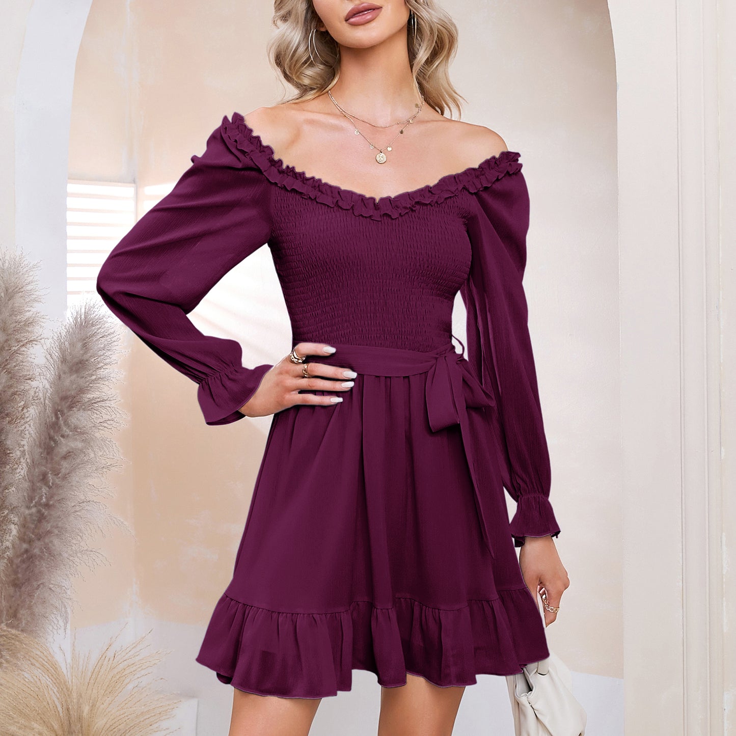 EXLURA Women’s Sweetheart Neckline Ruffle Flowy Dress Smocked Long Puff Sleeve Mini Dress Cottagecore Wedding Guest Dress