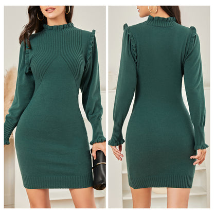 EXLURA Women’s Sexy Bodycon Pullover Sweater Dress Ruffle High Neck Knit Long Puff Sleeve Dress Cute Mini Winter Dress