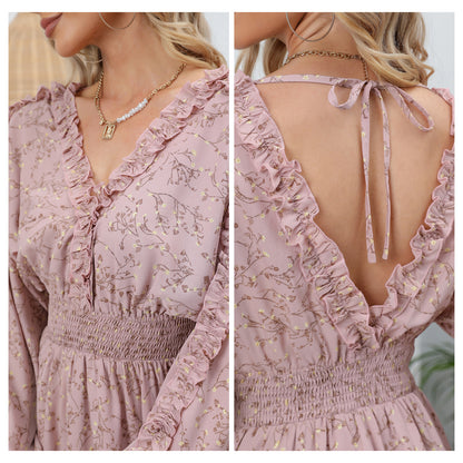 EXLURA Women’s V Neck Ruffle Floral Boho Mini Dress Backless Batwing Long Sleeve Dress Vintage Wedding Guest Dress