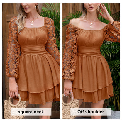 KRDR302EXLURA Women’s Lace Long Puff Sleeve Mini Dress Square Neck Backless Short Swing Party Dress Tie Back Bridesmaid Wedding Guest Dresses