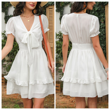 Exlura Women’s V Neck Summer Ruffle Dress Sundress Tiered Smocked Tie Front Short Puff Sleeve Swing Mini Dress