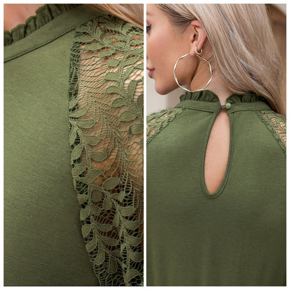 EXLURA Women’s Lace Tshirt Mini Dress Ruffle High Neck Long Puff Sleeve Swing Dress Flowy Wedding Guest Dresses