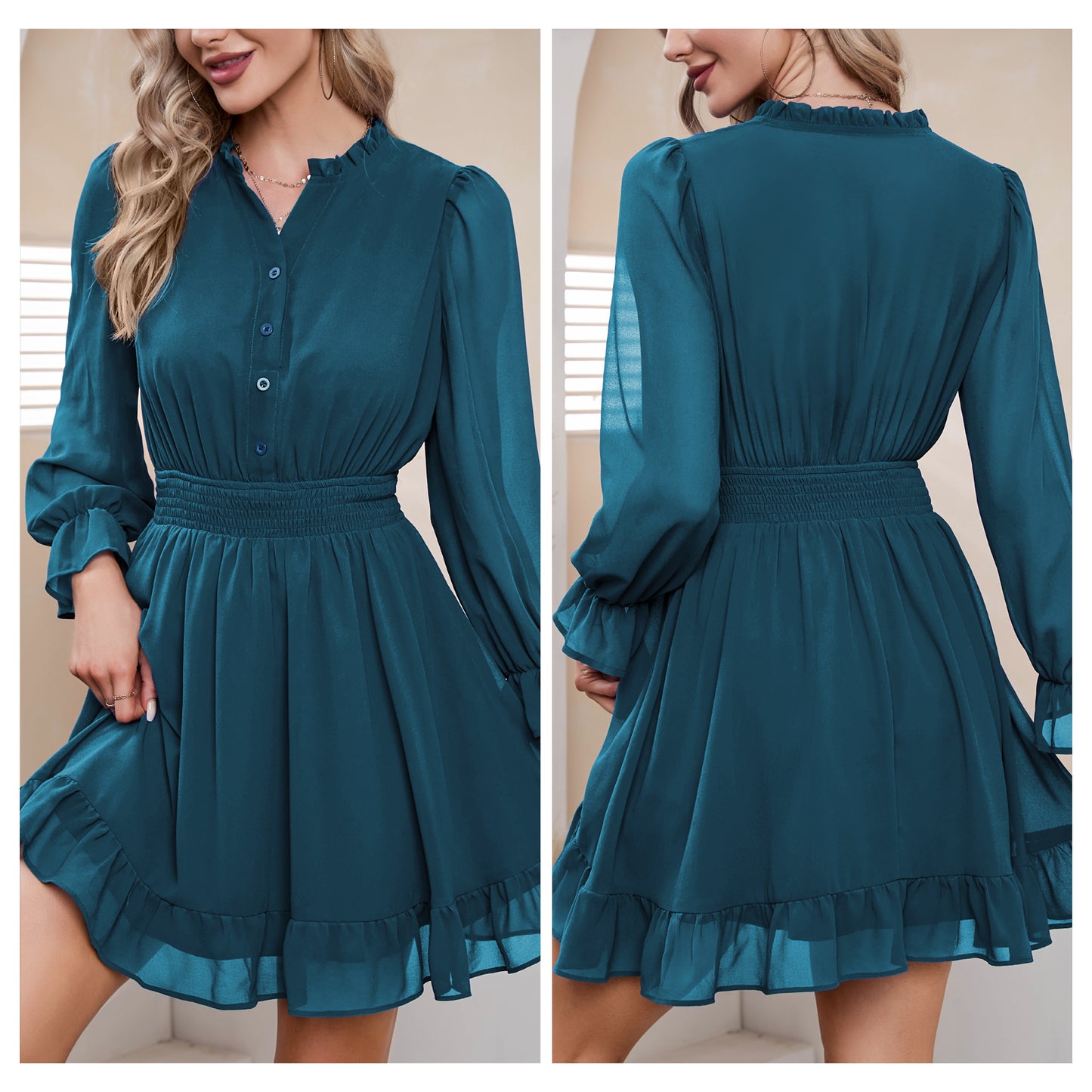 EXLURA Women's Wrap Bodycon Mini Dress Drawstring V Neck Long Lantern Sleeve Ruched Knit Sexy Bandage Cocktail Party Dresses