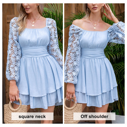 KRDR302EXLURA Women’s Lace Long Puff Sleeve Mini Dress Square Neck Backless Short Swing Party Dress Tie Back Bridesmaid Wedding Guest Dresses