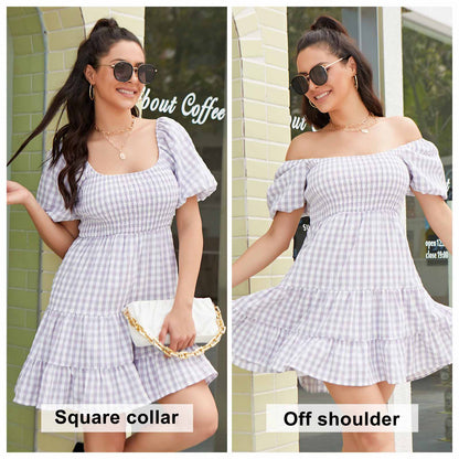 Exlura Women’s Off Shoulder Round Neck Dress Puff Short Sleeve Ruffle Plaid Tiered Swing Mini Dress Sundress