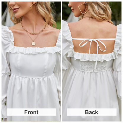 Exlura Women’s Bridal Shower Wedding Guest  Dress Square Neck Long Sleeve Ruffle Dress Backless Tie Back Swing Dress Mini Short Dresses