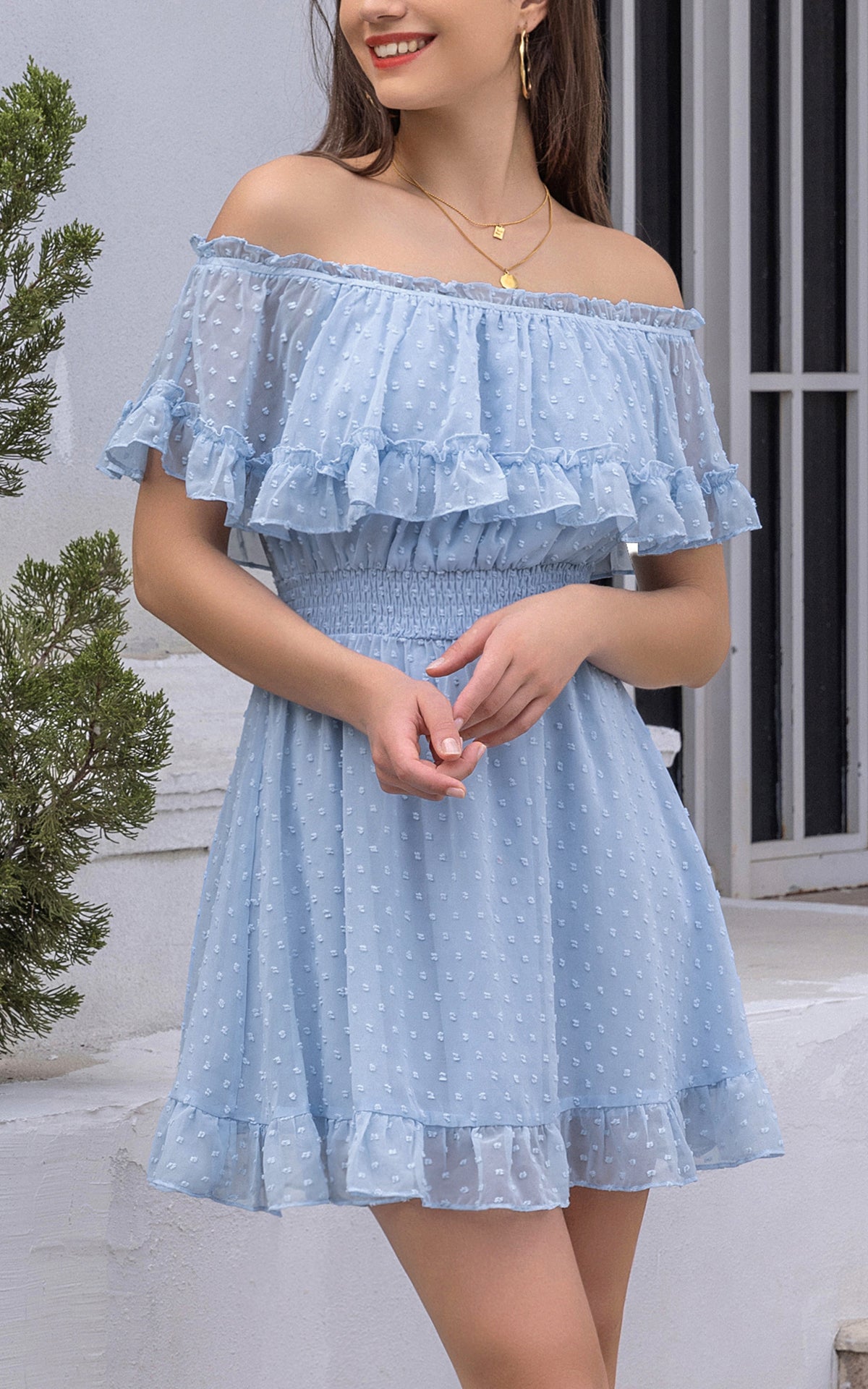 Mini Dress - Swiss Dot Ruffle Off the Shoulder Short Sleeve