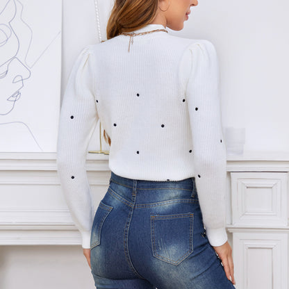 EXLURA Women’s Embroidered Polka Dot Pullover Sweater Mock Neck Long Sleeve Tops Casual Trendy Dressy Tops Jumpers