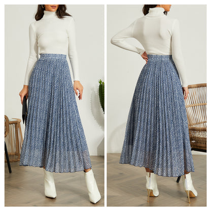 EXLURA Women's Floral Printed Chiffon Elastic High Waist Pleated Long Maxi Skirt