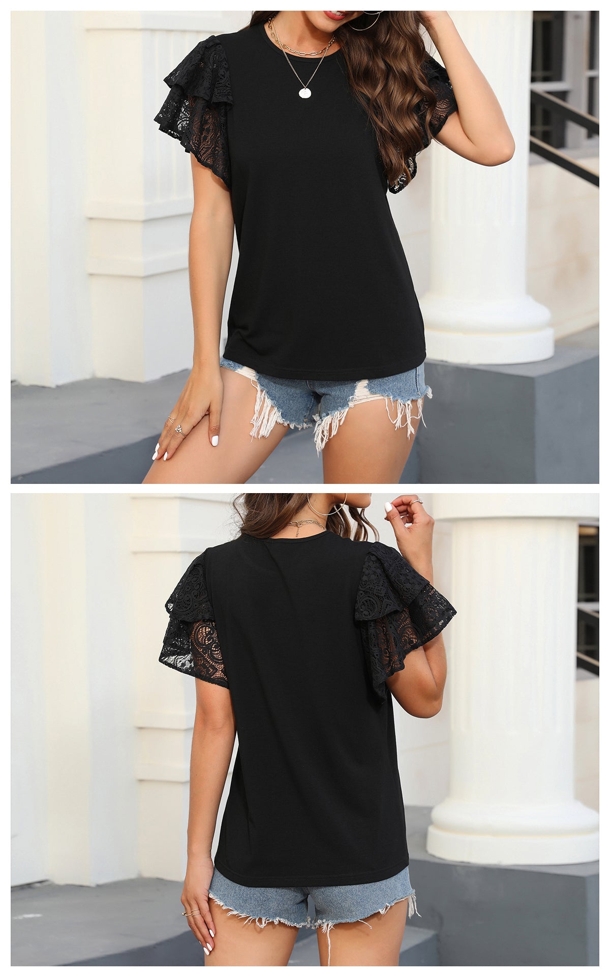 Round Neck Lace Ruffle Short Sleeve Loose Tops
